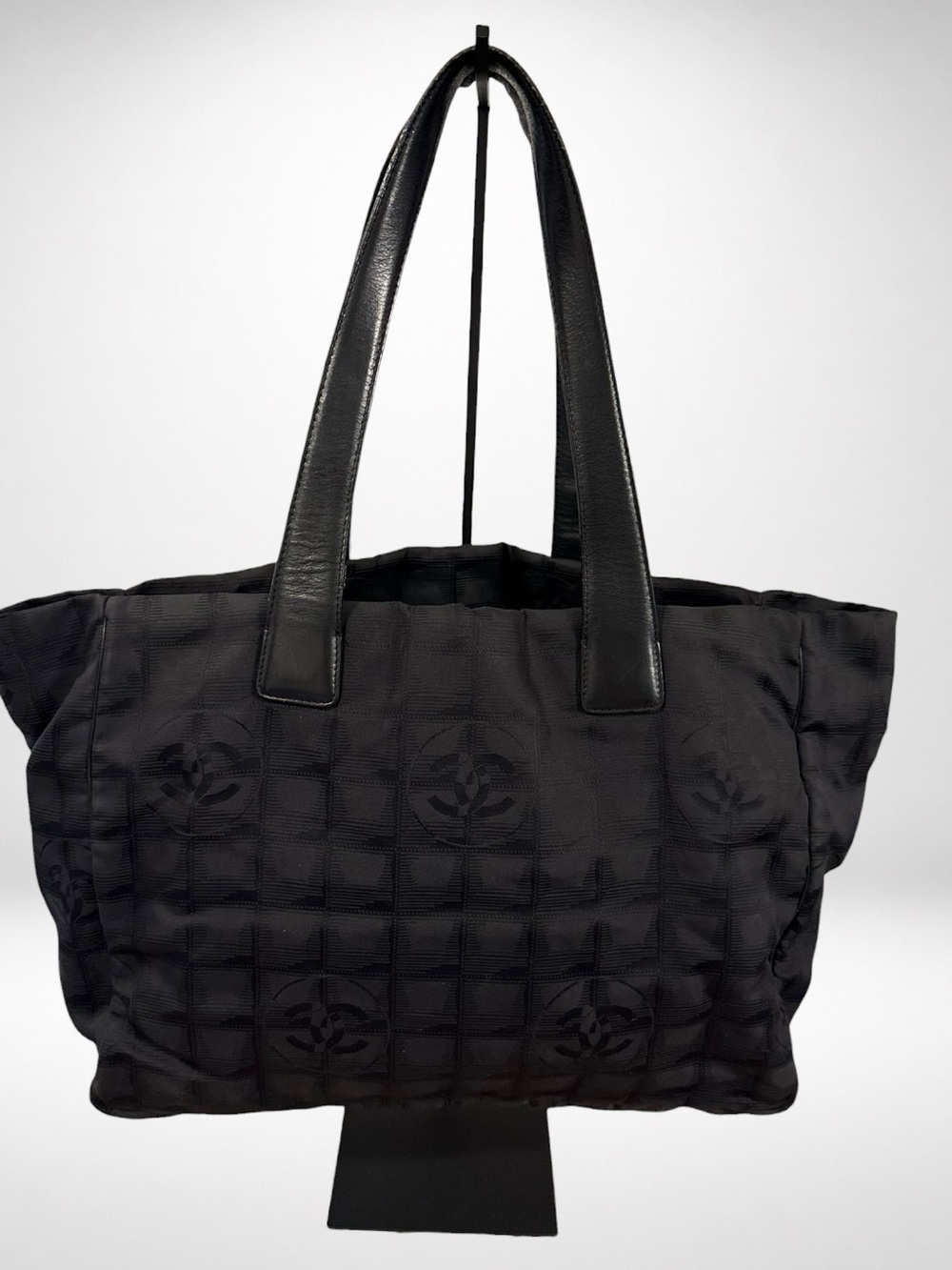 Chanel Authentic New Travel Line Tote Bag Black Gold Nylon Vintage Monogram